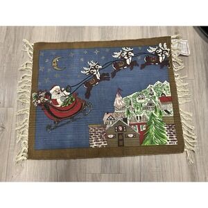Vintage 1995 HAYIM India Christmas Rug SANTA'S SLEIGH w/ Fringe Cotton 22" X 34"